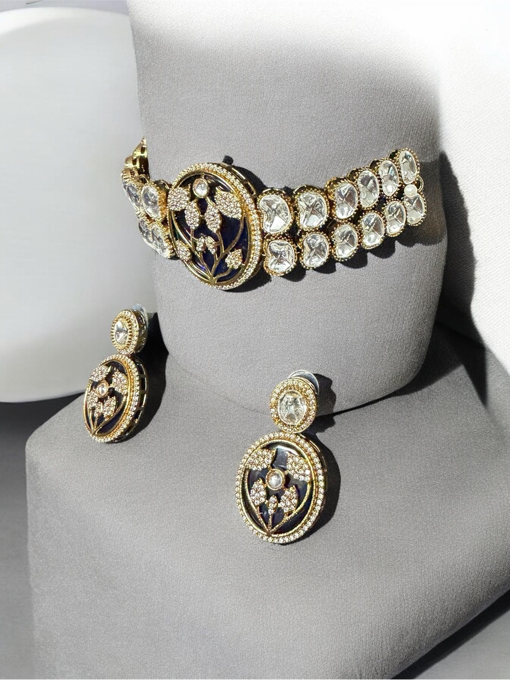 Gold-tone Navy Floral Crystal Bracelet and Earrings Set